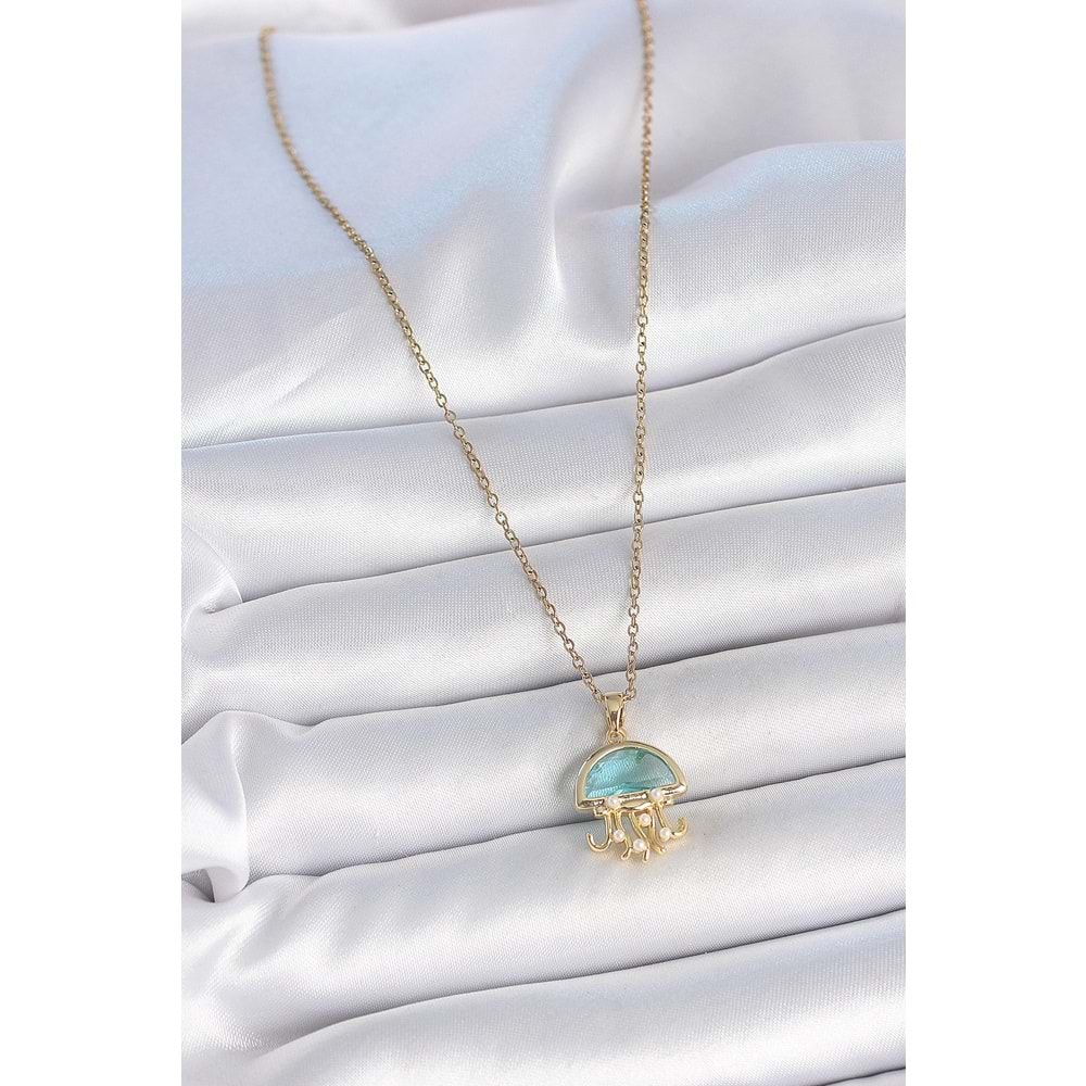 316L Çelik Gold Renk Mavi Taşlı Deniz Anası Model İnci Detay Kadın Kolye