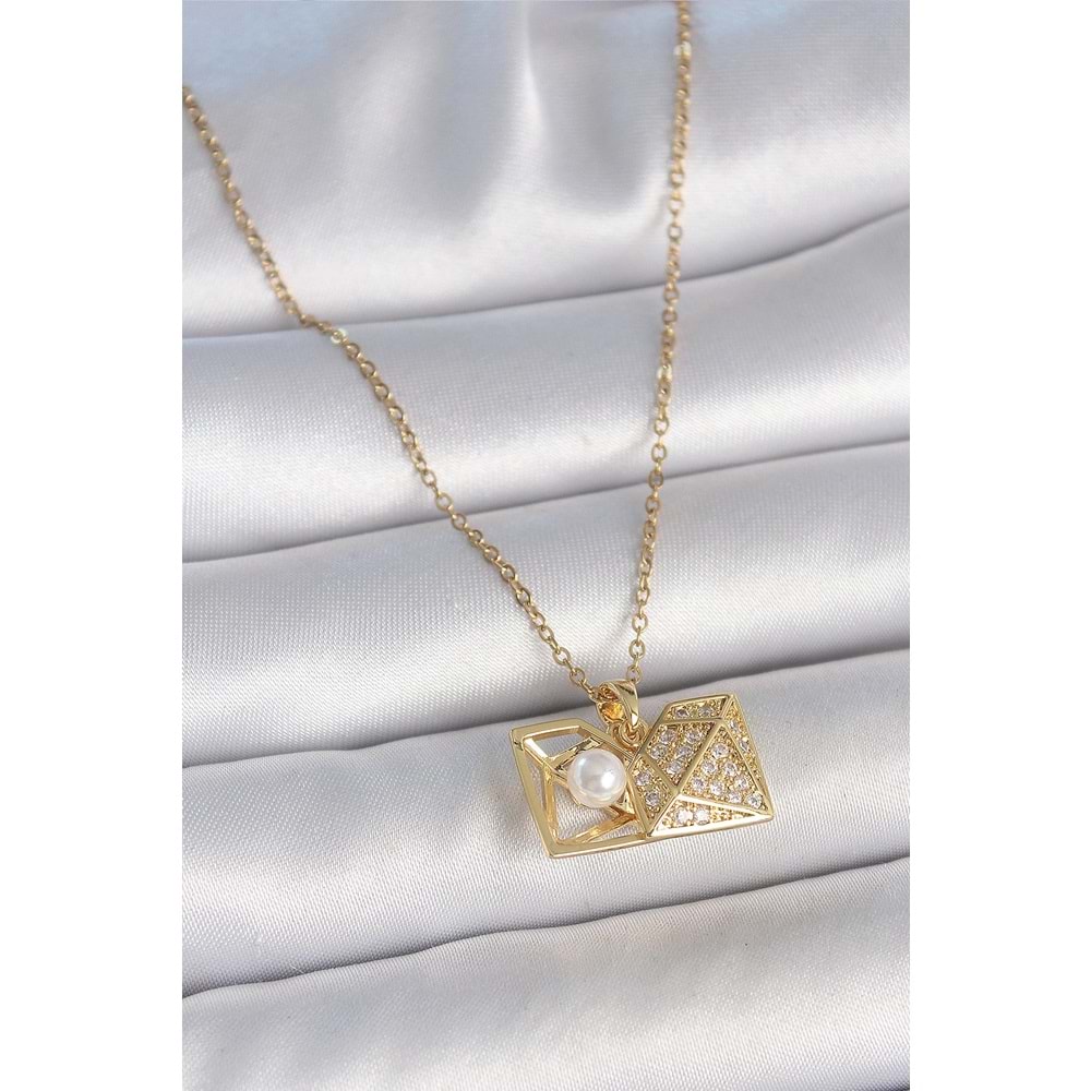 316L Çelik Gold Renk Zincir Zirkon Taşlı Açılır İncili Elmas Model Kadın Kolye