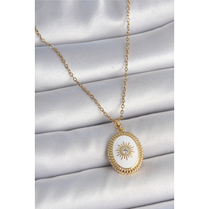 316L Çelik Gold Renk Zincir Beyaz Mineli Güneş İşlemeli Zirkon Taş Detaylı Madalyon Model Kadın Kolye