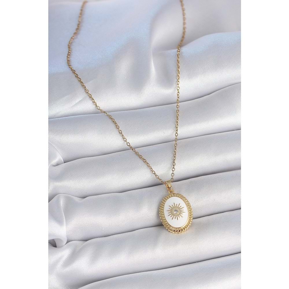 316L Çelik Gold Renk Zincir Beyaz Mineli Güneş İşlemeli Zirkon Taş Detaylı Madalyon Model Kadın Kolye