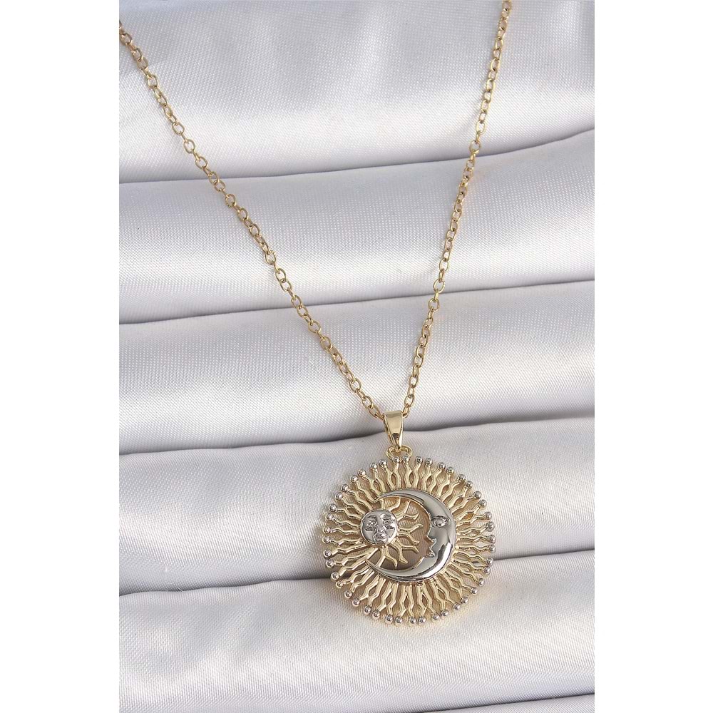 316L Çelik Gold Renk Mix Renk Ay Güneş Model Kadın Kolye