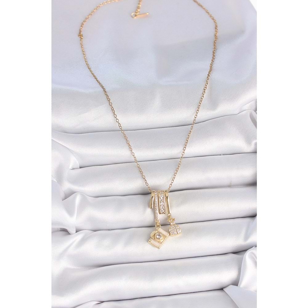 316L Çelik Gold Renk Zirkon Taşlı Sallantı Fotoğraf Makinası Figür Charm Kadın Kolye