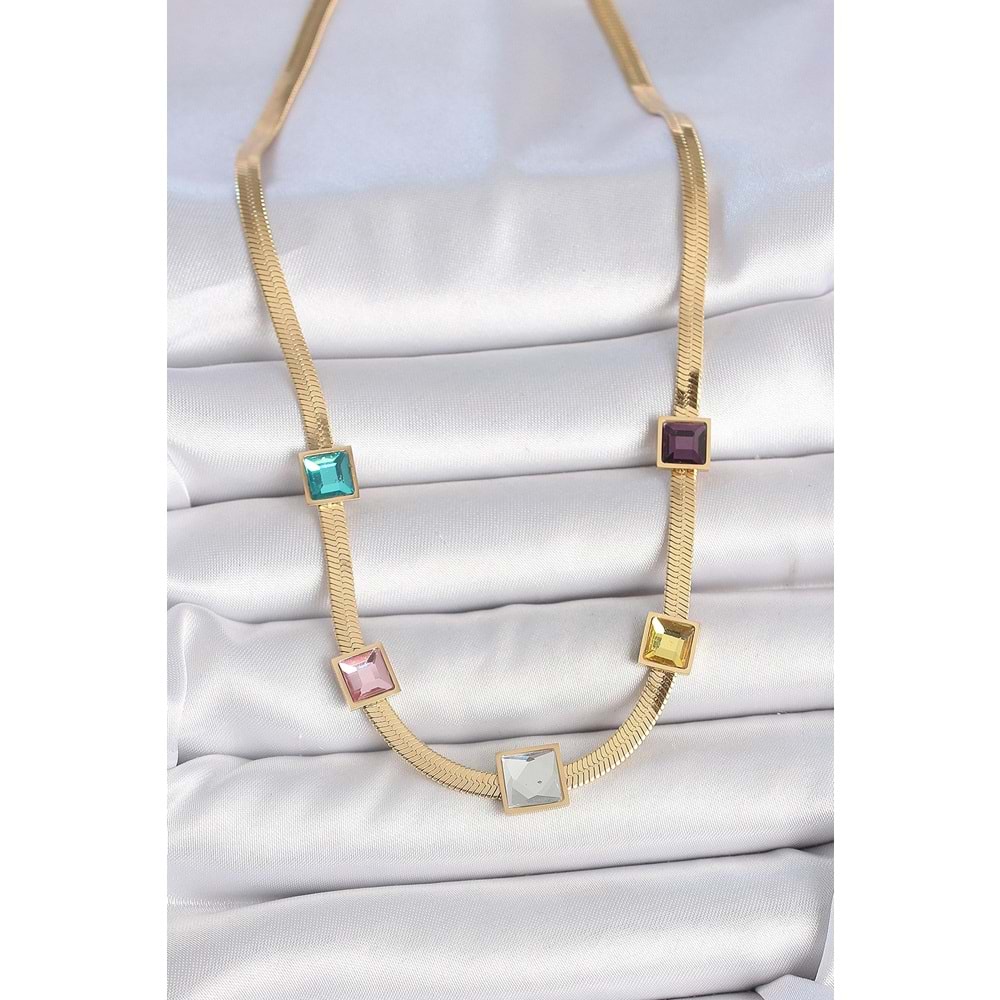 316L Çelik Gold Renk İtalyan Zincir Model Kare Renkli Zirkon Taşlı Kadın Kolye