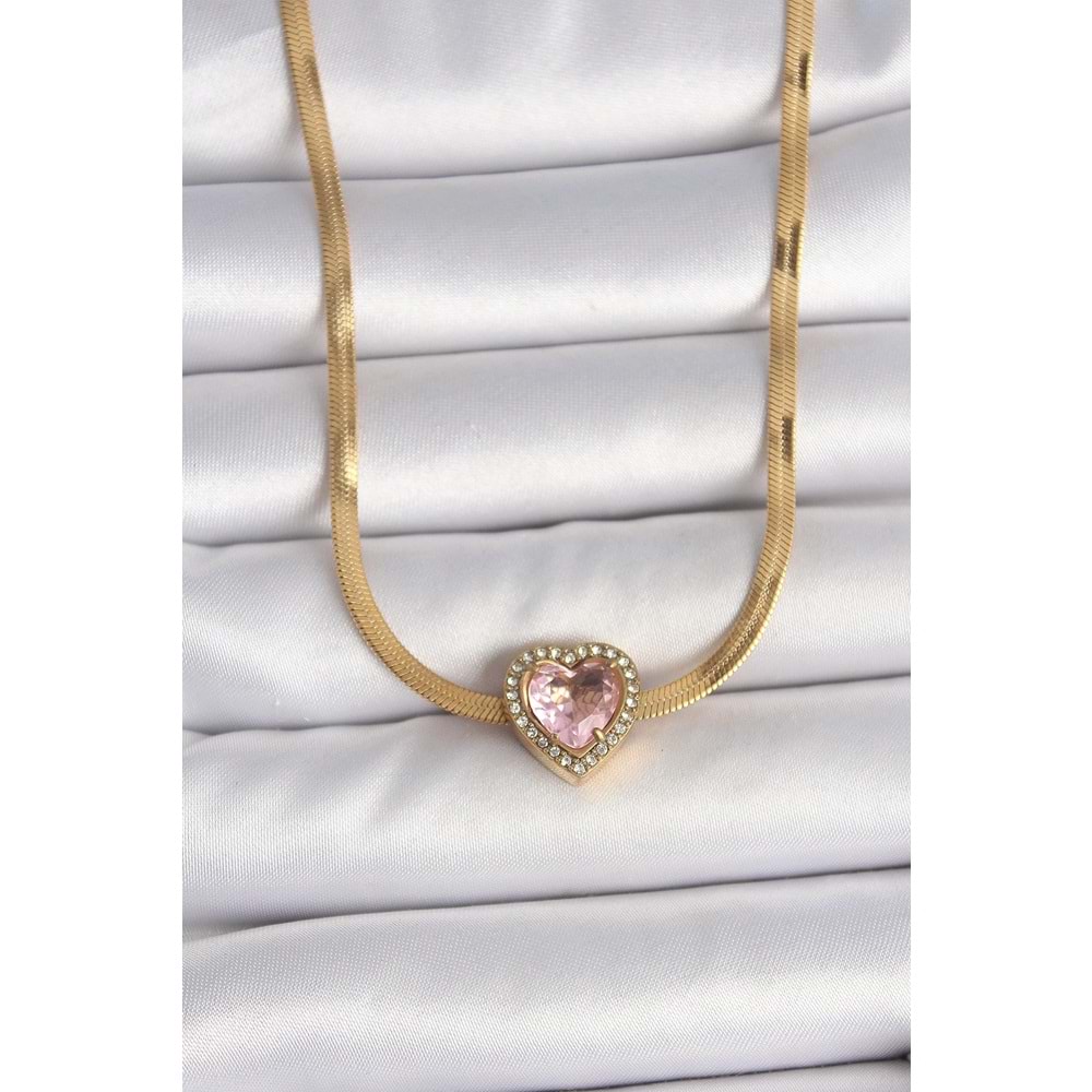 316L Çelik Gold Renk İtalyan Zincir Pembe Zirkon Taşlı Kalp Model Kadın Kolye