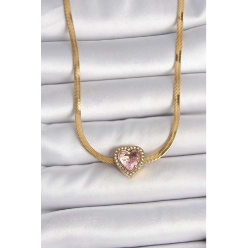 316L Çelik Gold Renk İtalyan Zincir Pembe Zirkon Taşlı Kalp Model Kadın Kolye