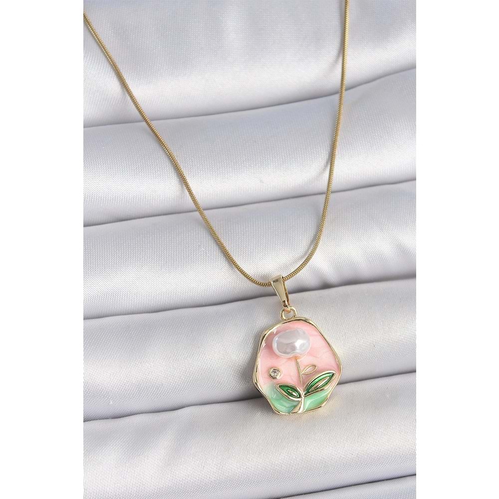 316L Çelik Gold Renk Zincir Pembe Çiçek İşlemeli İnci Detay Portre Model Kadın Kolye