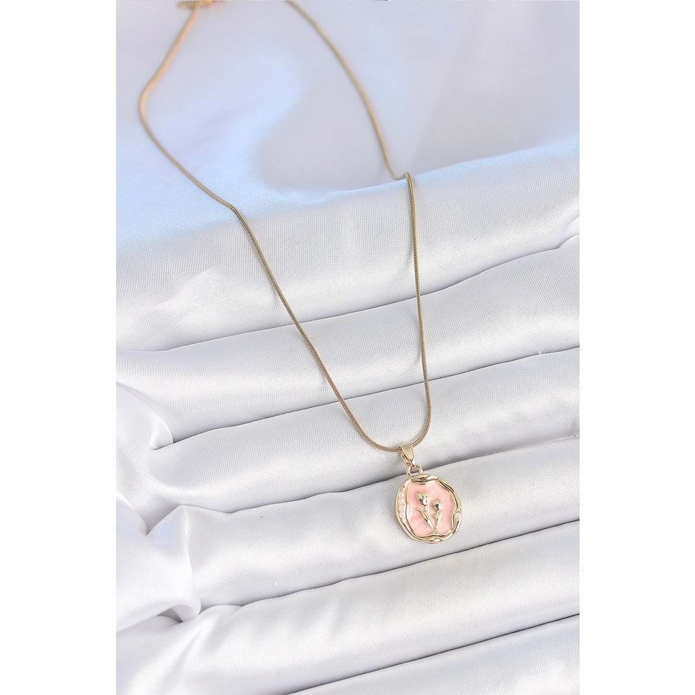 316L Çelik Gold Renk Zincir Pembe Mineli Çiçek İşlemeli Portre Model Kadın Kolye