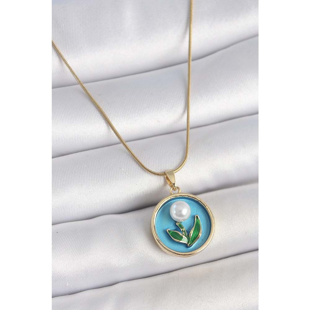 316L Çelik Gold Renk Zincir Mavi Mineli İncili Çiçek İşlemeli Portre Model Kadın Kolye