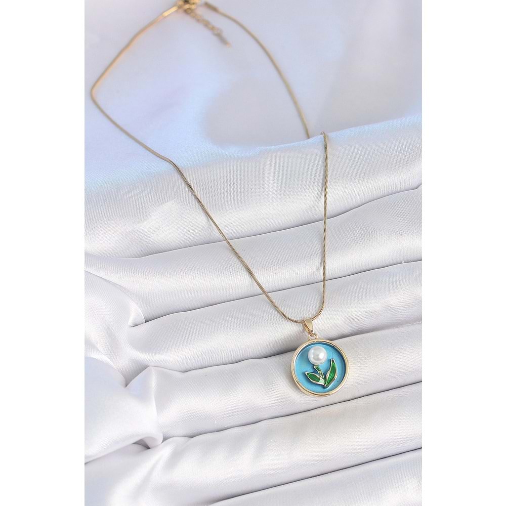 316L Çelik Gold Renk Zincir Mavi Mineli İncili Çiçek İşlemeli Portre Model Kadın Kolye