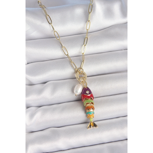 İnci Detaylı Zirkon Taşlı Rainbow Balık Figürlü Gold Renk Pirinç Kolye