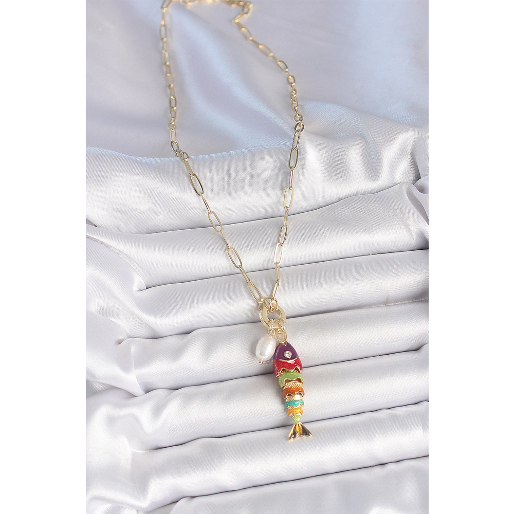 İnci Detaylı Zirkon Taşlı Rainbow Balık Figürlü Gold Renk Pirinç Kolye