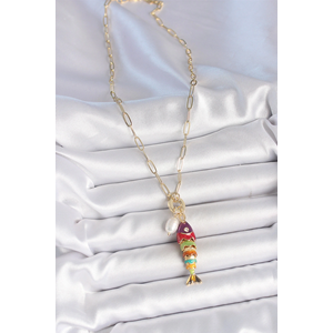 İnci Detaylı Zirkon Taşlı Rainbow Balık Figürlü Gold Renk Pirinç Kolye