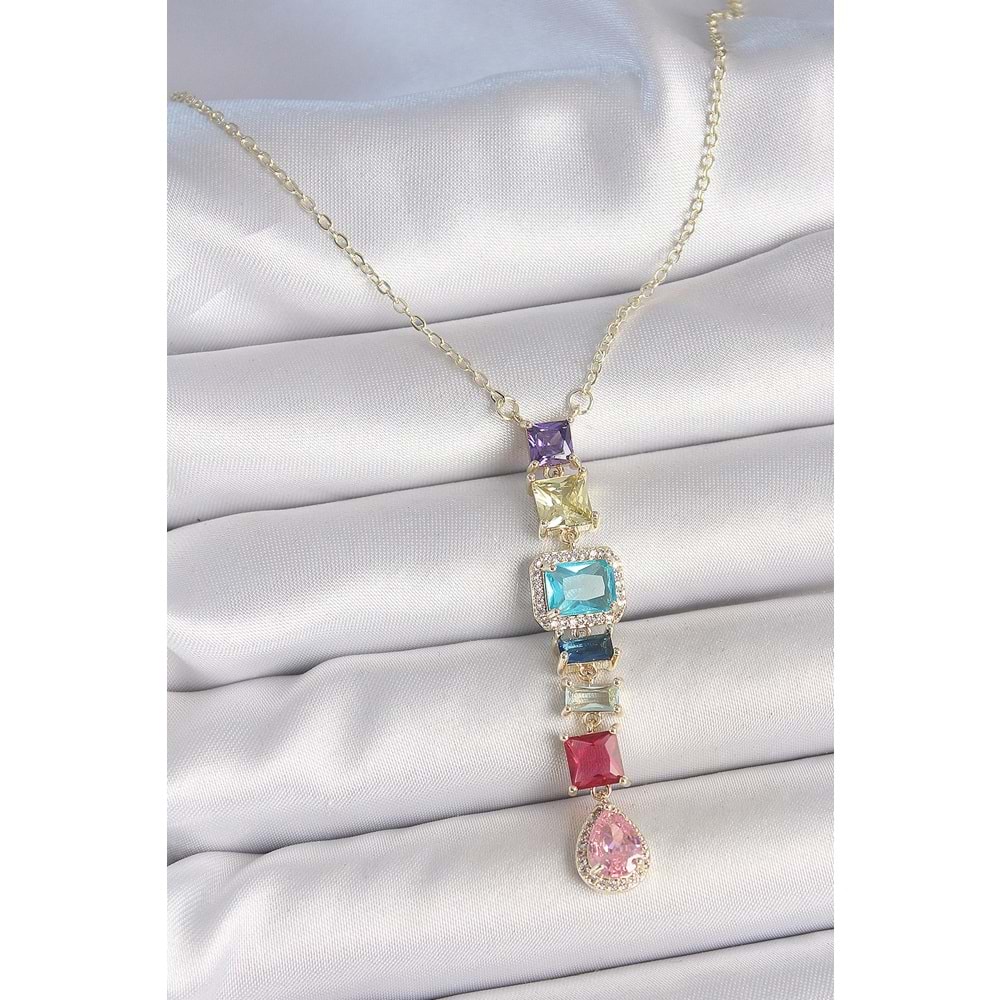 Gold Karışık Renk Zirkon Taşlı Y Pirinç Kolye