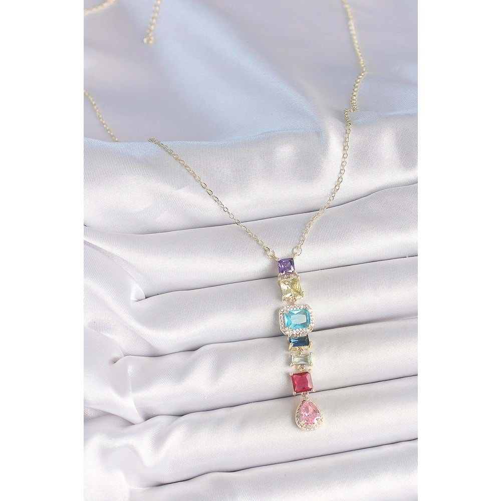 Gold Karışık Renk Zirkon Taşlı Y Pirinç Kolye