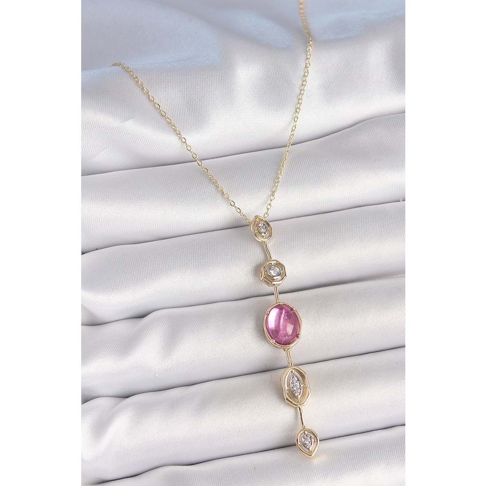 Pirinç Zincir Gold Renk Pembe Zirkon Taşlı Y Kolye