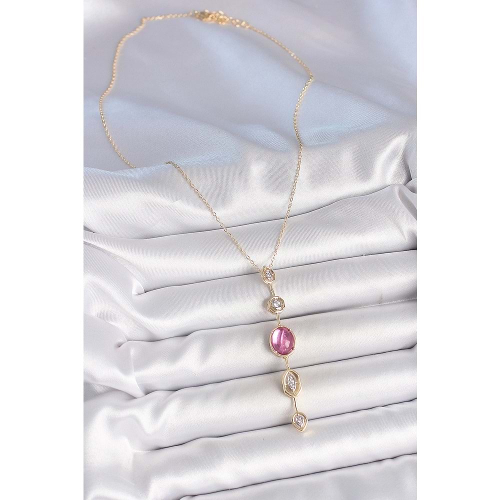 Pirinç Zincir Gold Renk Pembe Zirkon Taşlı Y Kolye