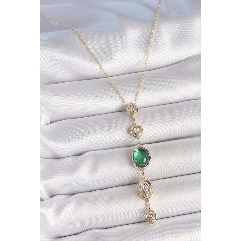 Pirinç Zincir Zümrüt Yeşil Gold Renk Zirkon Taşlı Y Kolye