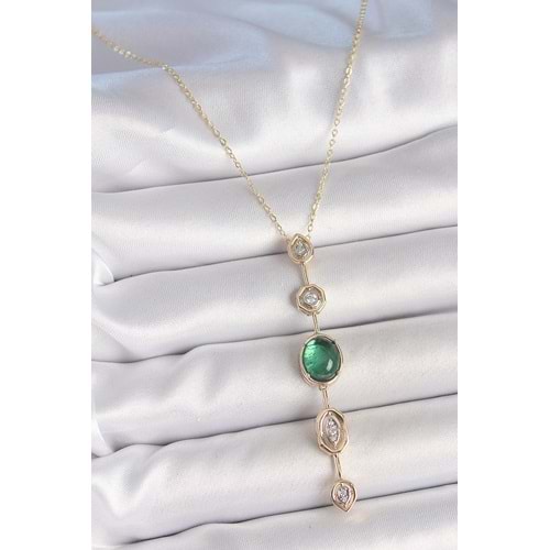 Pirinç Zincir Zümrüt Yeşil Gold Renk Zirkon Taşlı Y Kolye