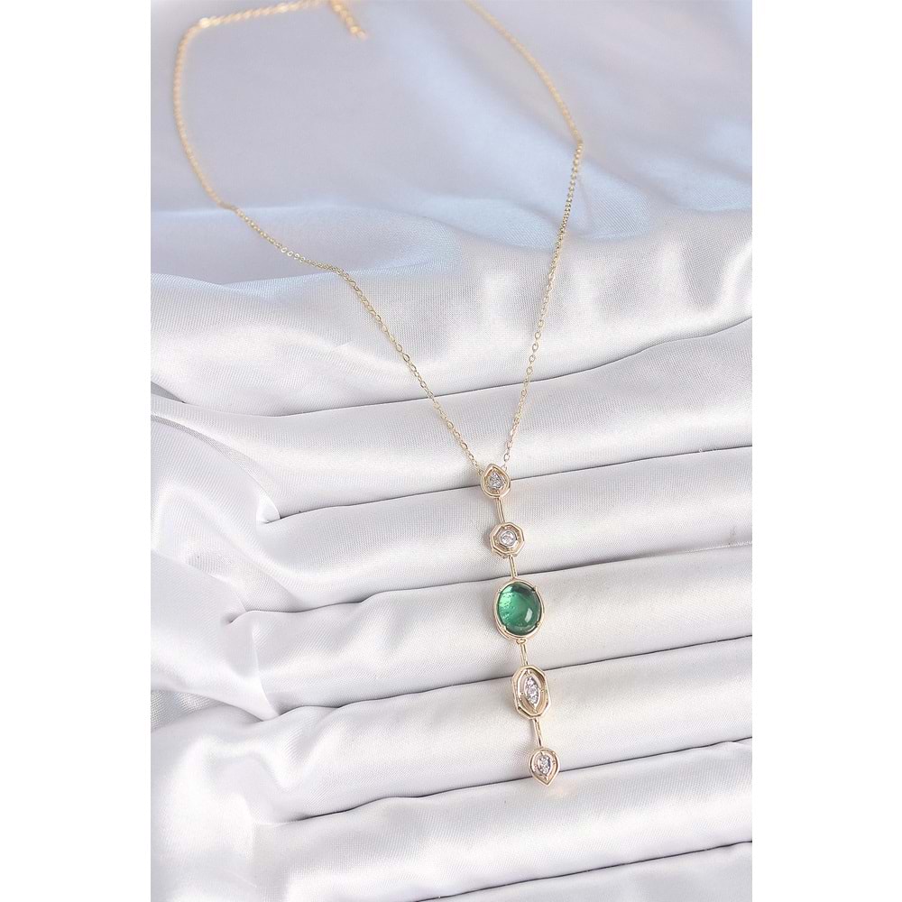 Pirinç Zincir Zümrüt Yeşil Gold Renk Zirkon Taşlı Y Kolye