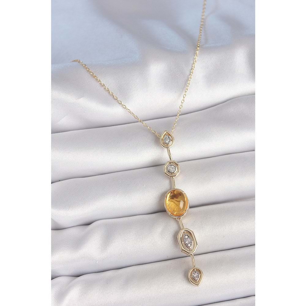 Pirinç Zincir Kehribar Sarı Gold Renk Zirkon Taşlı Y Kolye