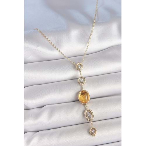 Pirinç Zincir Kehribar Sarı Gold Renk Zirkon Taşlı Y Kolye