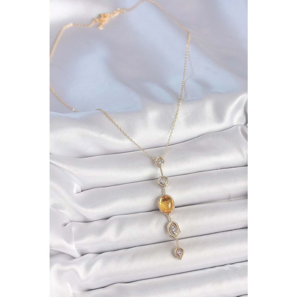 Pirinç Zincir Kehribar Sarı Gold Renk Zirkon Taşlı Y Kolye