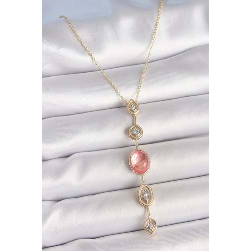 Pirinç Zincir Pembe Gold Renk Zirkon Taşlı Y Kolye