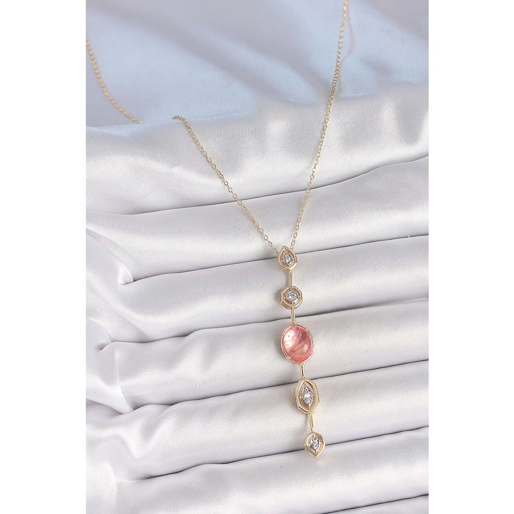 Pirinç Zincir Pembe Gold Renk Zirkon Taşlı Y Kolye