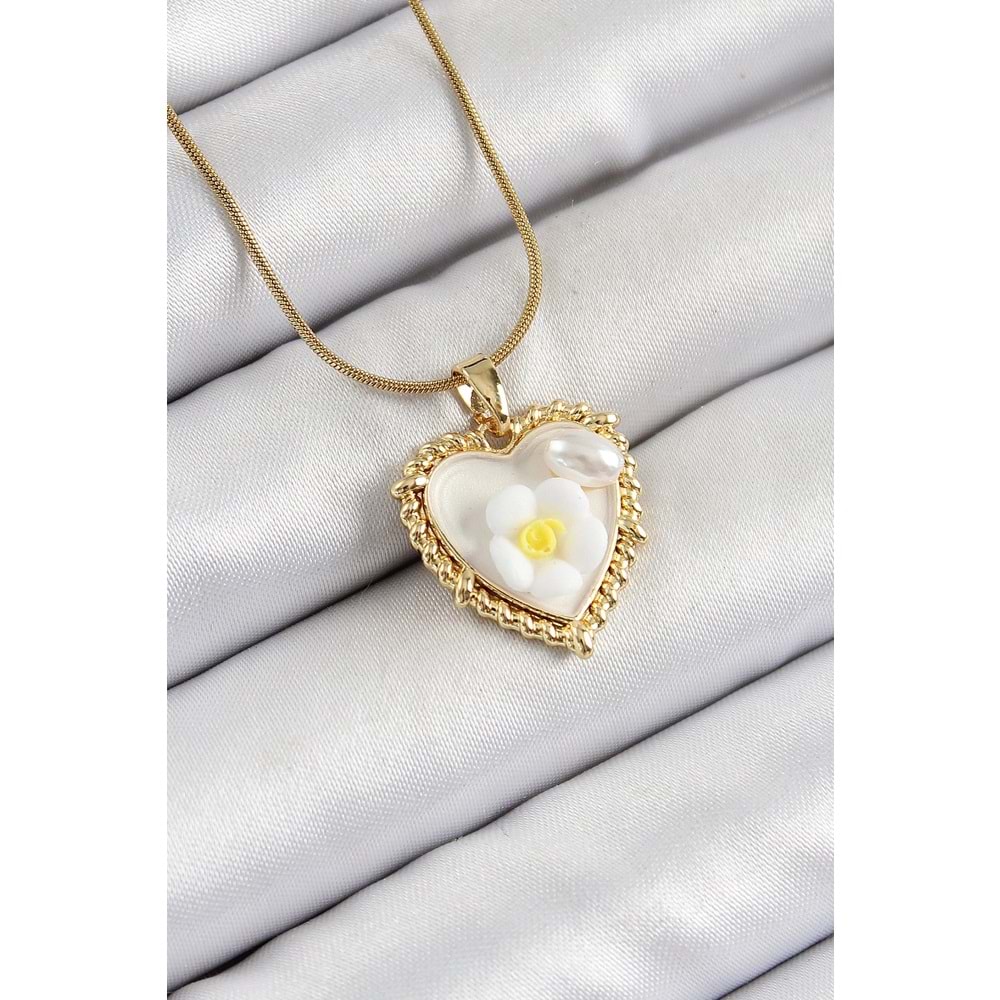 316L Çelik Zincir Beyaz Sanatsal Portre İnci Detaylı Papatya Figürlü Kalp Model Gold Renk Kadın Kolye