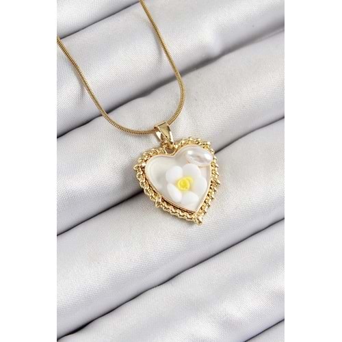316L Çelik Zincir Beyaz Sanatsal Portre İnci Detaylı Papatya Figürlü Kalp Model Gold Renk Kadın Kolye