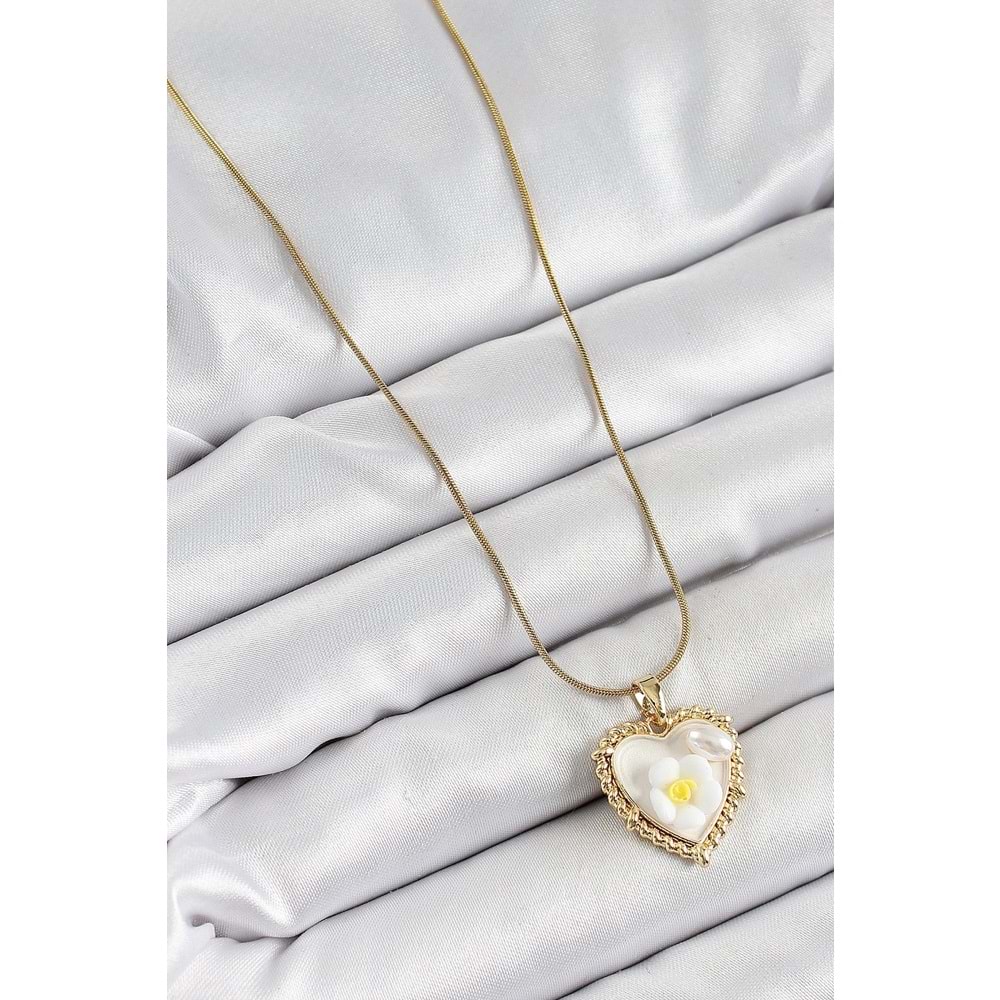 316L Çelik Zincir Beyaz Sanatsal Portre İnci Detaylı Papatya Figürlü Kalp Model Gold Renk Kadın Kolye
