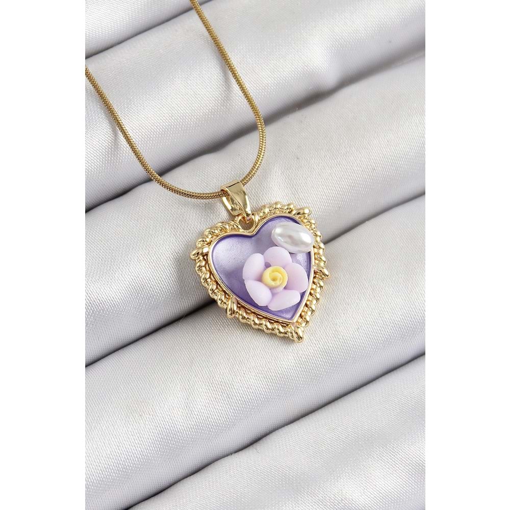 316L Çelik Zincir Mor Sanatsal Portre İnci Detaylı Papatya Figürlü Kalp Model Gold Renk Kadın Kolye