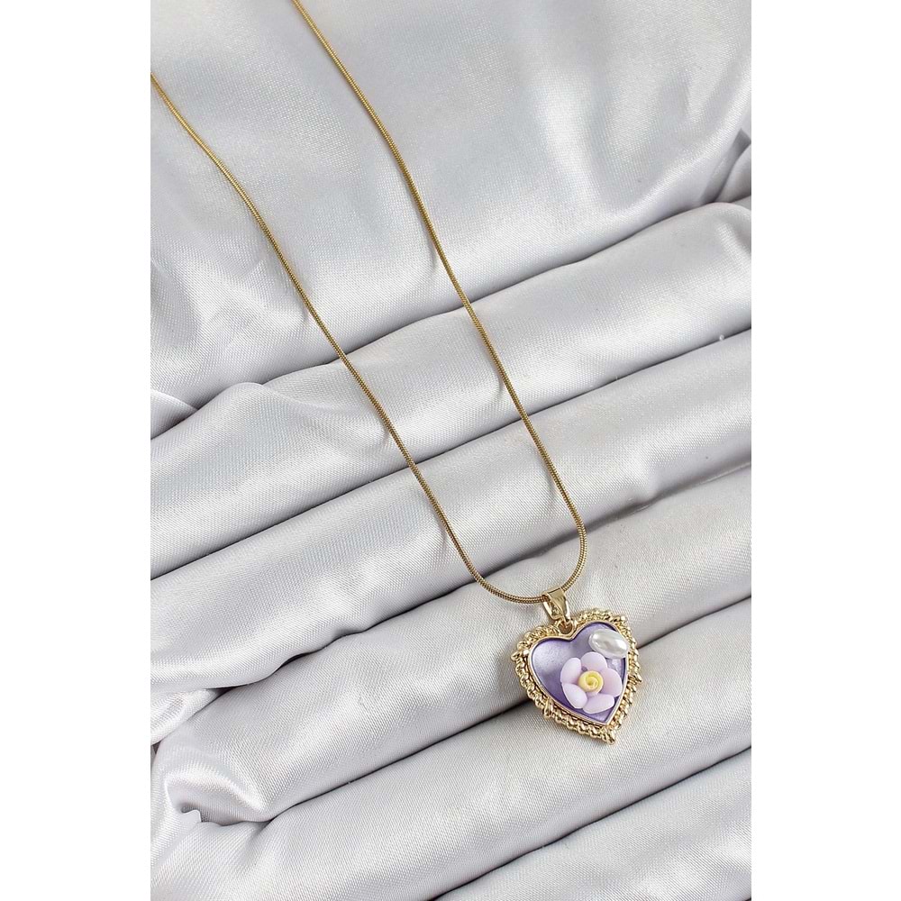 316L Çelik Zincir Mor Sanatsal Portre İnci Detaylı Papatya Figürlü Kalp Model Gold Renk Kadın Kolye