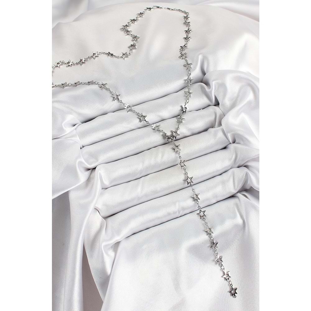 Pirinç Gümüş Renk Yıldızlı Kadın Y Kolye