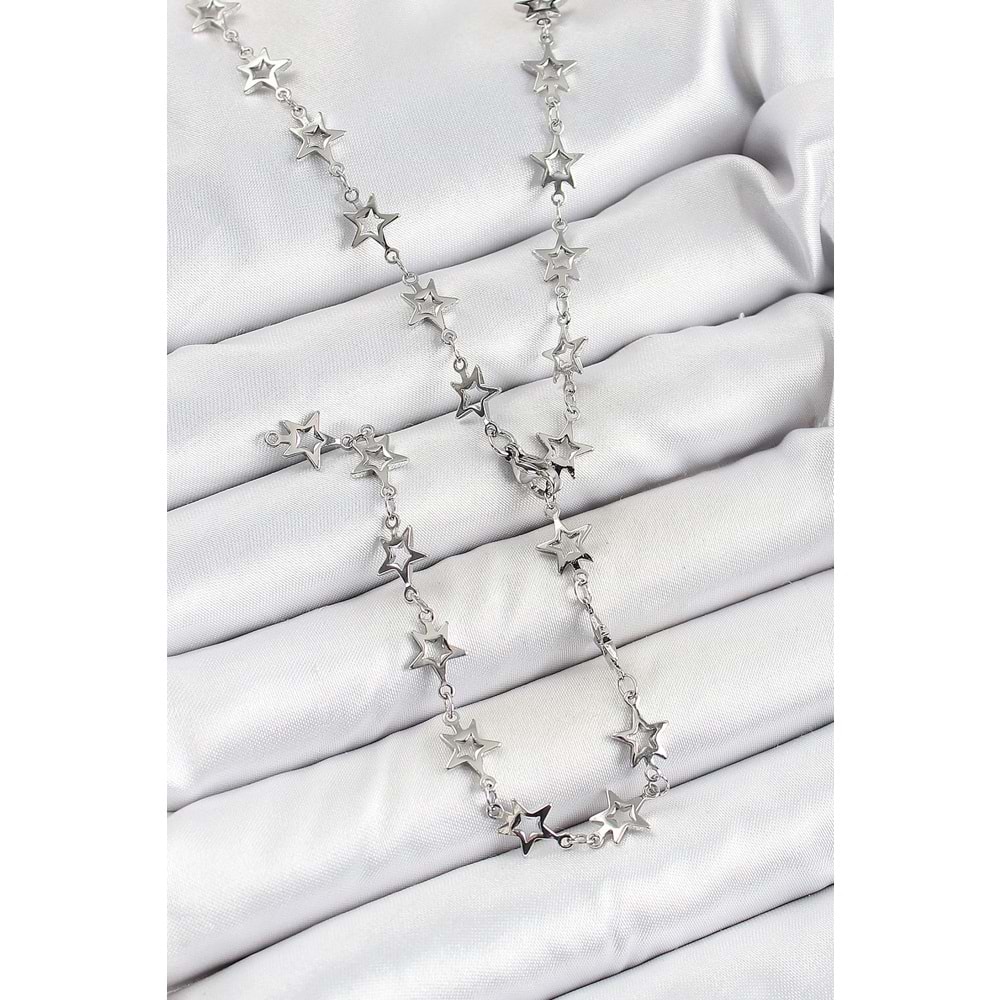 Pirinç Gümüş Renk Yıldızlı Kadın Y Kolye