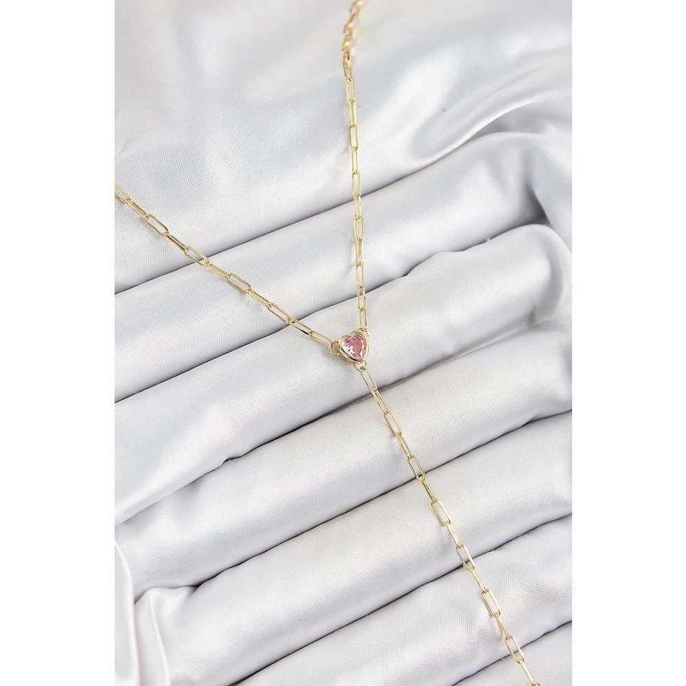 Pirinç Zirkon Taşlı Pembe Kalp Figürlü Y Model Gold Renk Kadın Kolye