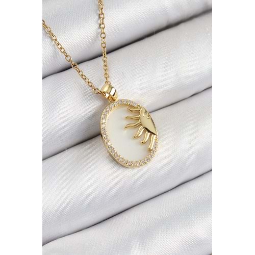 316L Çelik Zirkon Taşlı Yarım Güneş Model Gold Renk Kadın Kolye