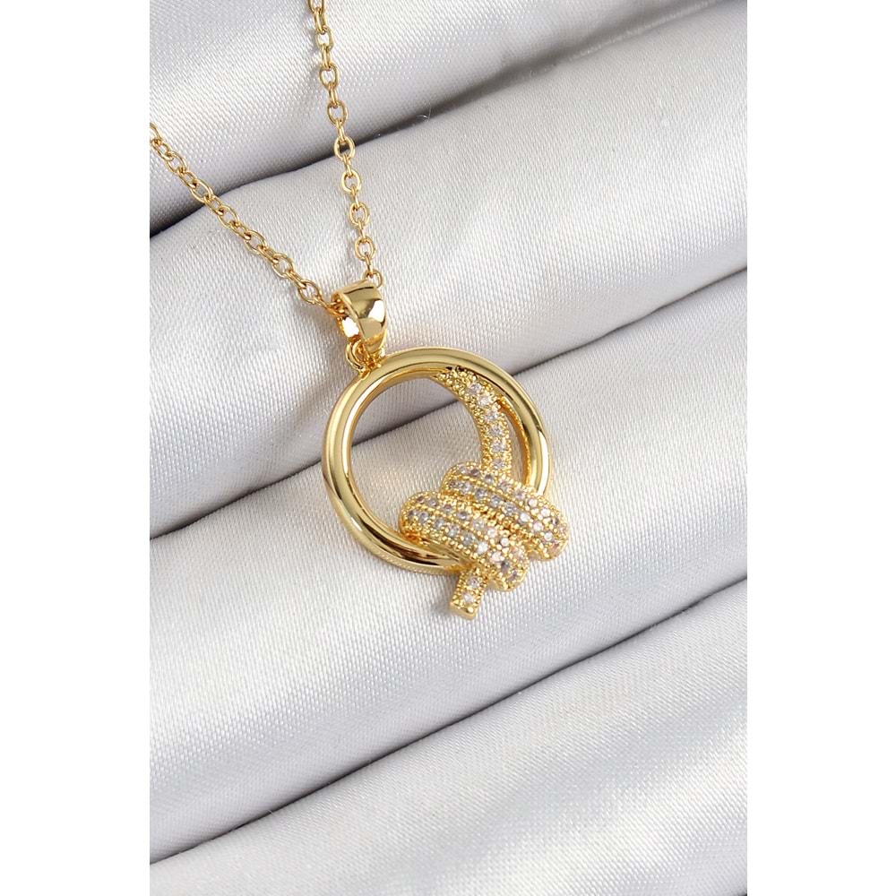 316L Çelik Zirkon Taşlı Düğüm Model Gold Renk Kadın Kolye