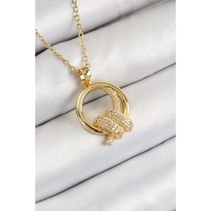 316L Çelik Zirkon Taşlı Düğüm Model Gold Renk Kadın Kolye