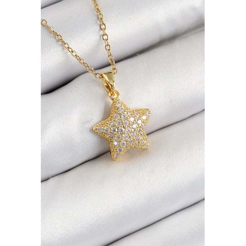 316L Çelik Zirkon Taşlı Yıldız Model Gold Renk Kadın Kolye