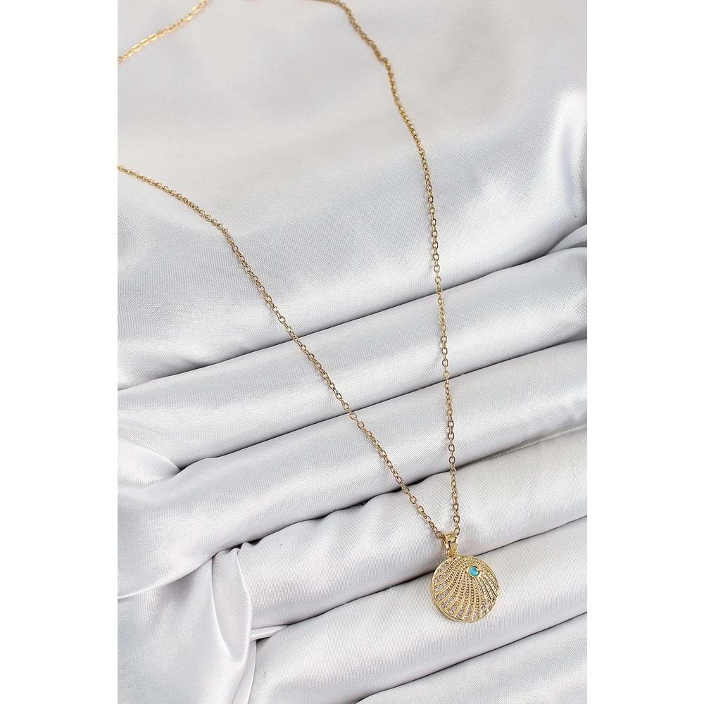 316L Çelik Zirkon Taşlı Madalyon Model Gold Renk Kadın Kolye