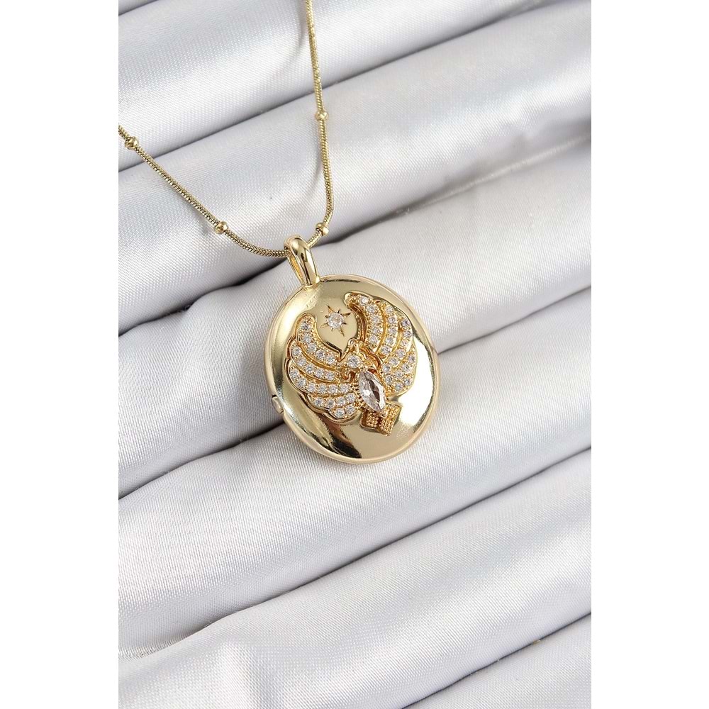 316L Çelik Zincir Açılabilir Anka Kuşu Model Zirkon Taşlı Gold Renk Kadın Kolye