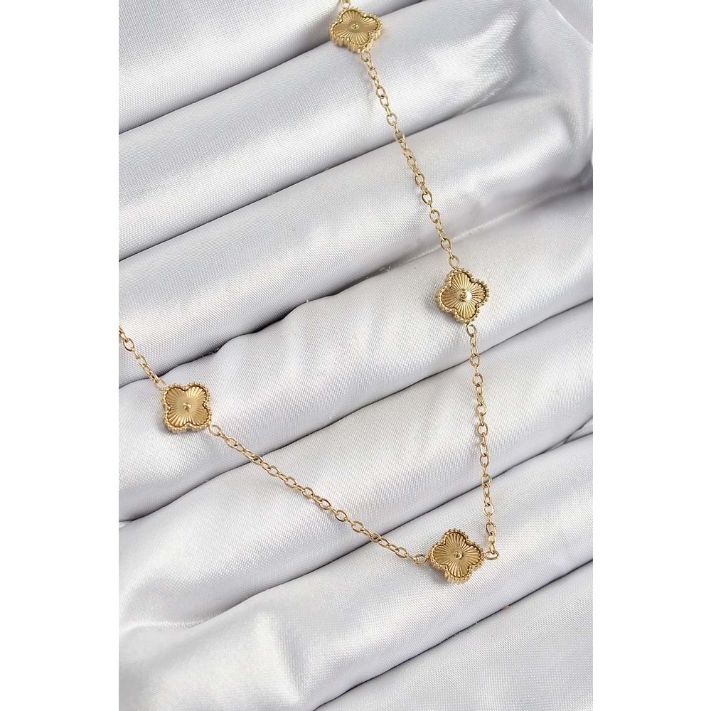 316L Çelik Yonca Model Gold Renk Kadın Kolye