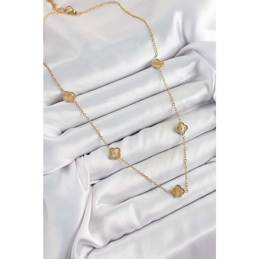 316L Çelik Yonca Model Gold Renk Kadın Kolye