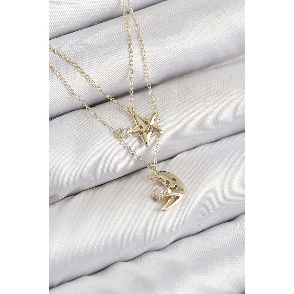 Pirinç Zirkon Taşlı Yıldız Ve Ay Model Gold Renk Kadın Kolye