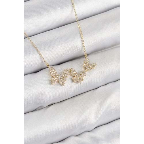 Pirinç Zirkon Taşlı Kelebek Model Gold Renk Kadın Kolye
