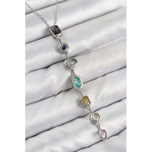 Pirinç Renkli Zirkon Taşlı Model Gümüş Renk Kadın Y Kolye