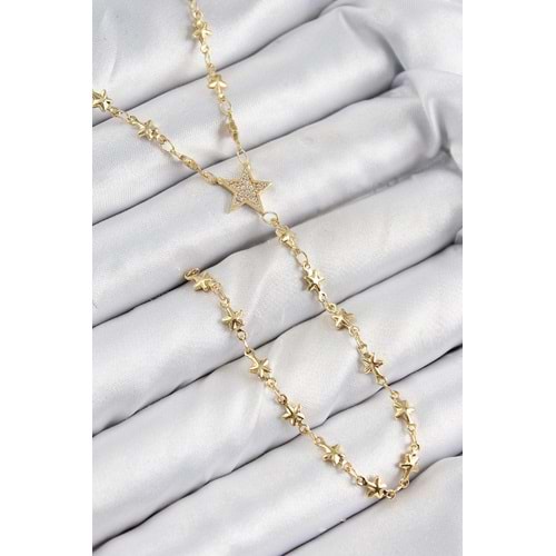 Pirinç Zirkon Taşlı Yıldız Model Gold Renk Y Kolye