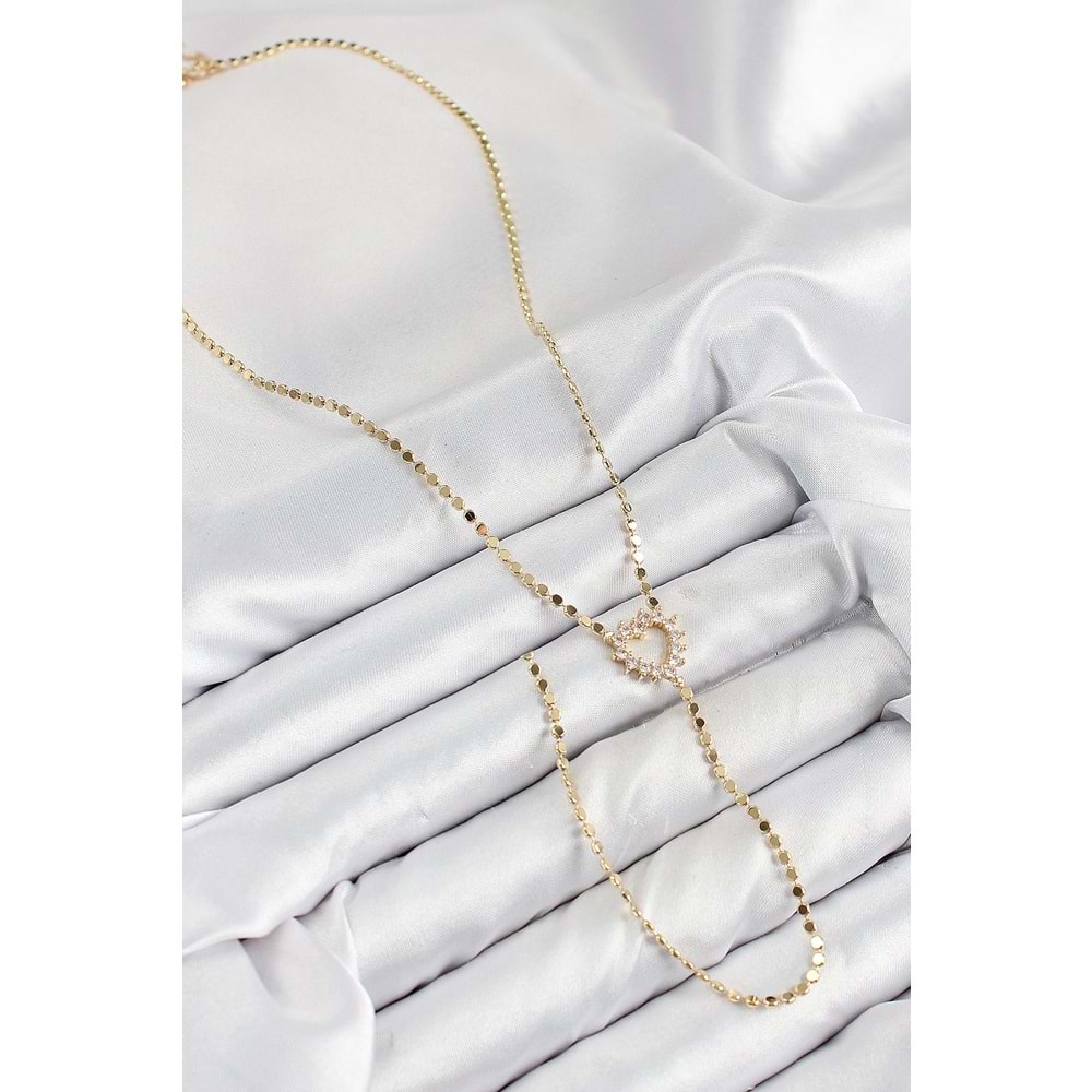 Pirinç Zirkon Taşlı Ezme Zincirli Kalp Model Gold Renk Y Kolye