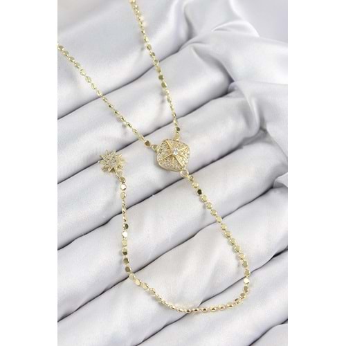 Pirinç Zirkon Taşlı Ezme Zincirli Madalyon Model Gold Renk Y Kolye